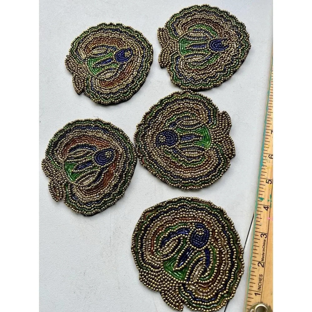 VTG Silk back Beaded Peacock Coasters Set of 5 Retro Art deco Blue Green Gold